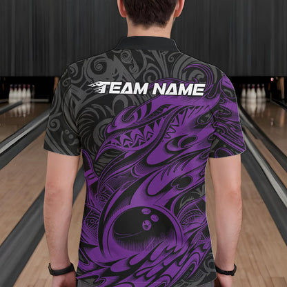 Custom Black And Purple Tribal Polynesian Bowling Team Men Shirts, Niho Mano Bowling Shirt IPHW10756