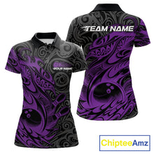 Load image into Gallery viewer, Custom Black And Purple Tribal Polynesian Bowling Team Women Shirts, Niho Mano Bowling Shirt IPHW10756