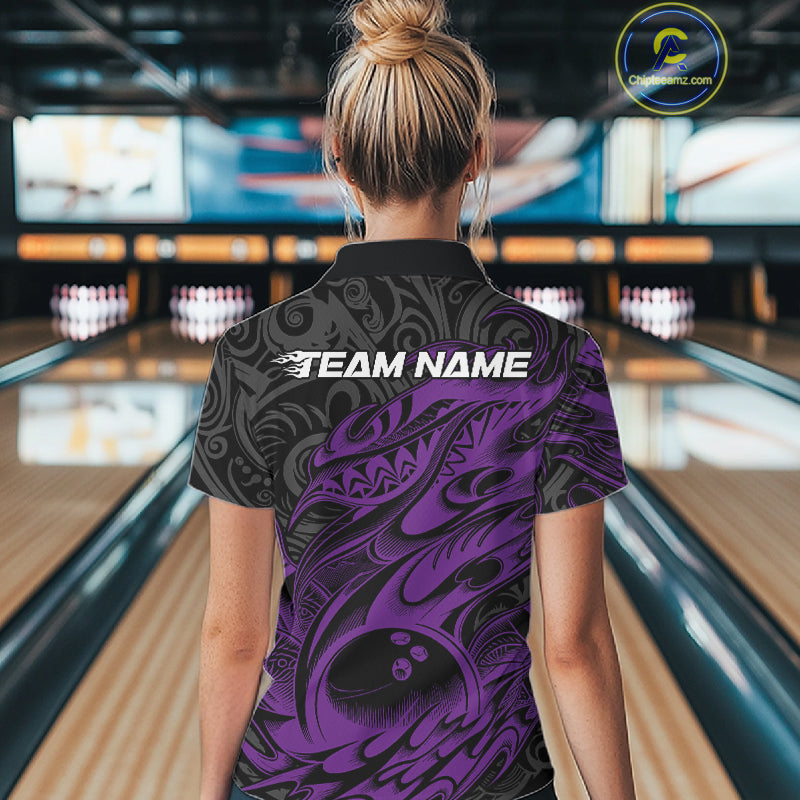 Custom Black And Purple Tribal Polynesian Bowling Women Shirts, Niho Mano Bowling Shirt IPHW10756