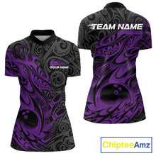 Load image into Gallery viewer, Custom Black And Purple Tribal Polynesian Bowling Women Shirts, Niho Mano Bowling Shirt IPHW10756