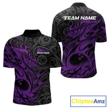 Load image into Gallery viewer, Custom Black And Purple Tribal Polynesian Bowling Team Men Shirts, Niho Mano Bowling Shirt IPHW10756