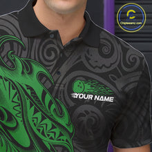 Load image into Gallery viewer, Custom Black And Green Tribal Polynesian Bowling Team Men Shirts, Niho Mano Bowling Shirt IPHW10757