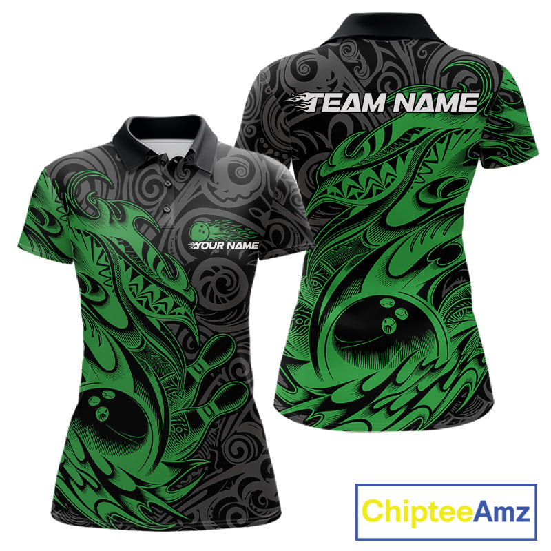 Custom Black And Green Tribal Polynesian Bowling Team Women Shirts, Niho Mano Bowling Shirt IPHW10757
