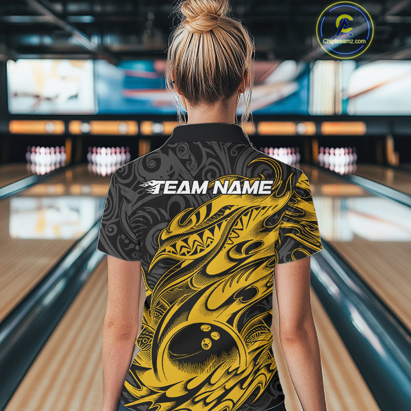 Custom Black And Yellow Tribal Polynesian Bowling Team Women Shirts, Niho Mano Bowling Shirt IPHW10758