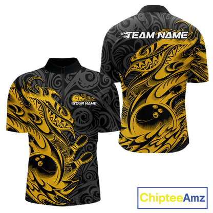 Custom Black And Yellow Tribal Polynesian Bowling Team Men Shirts, Niho Mano Bowling Shirt IPHW10758
