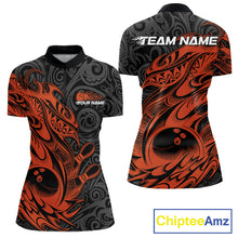Load image into Gallery viewer, Custom Black And Orange Tribal Polynesian Bowling Women Shirts, Niho Mano Bowling Shirt IPHW10759