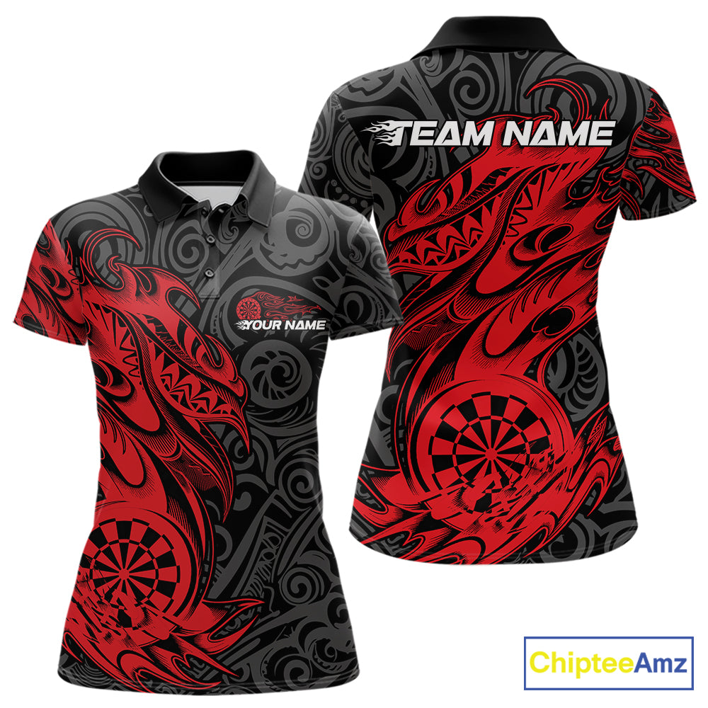 Custom Black And Red Tribal Polynesian Dart Team Women Shirts, Niho Mano Dart Shirt IPHW10760