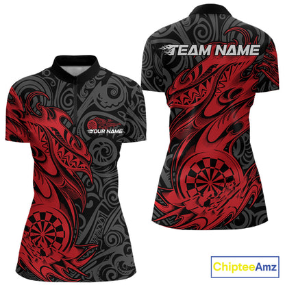 Custom Black And Red Tribal Polynesian Dart Team Women Shirts, Niho Mano Dart Shirt IPHW10760