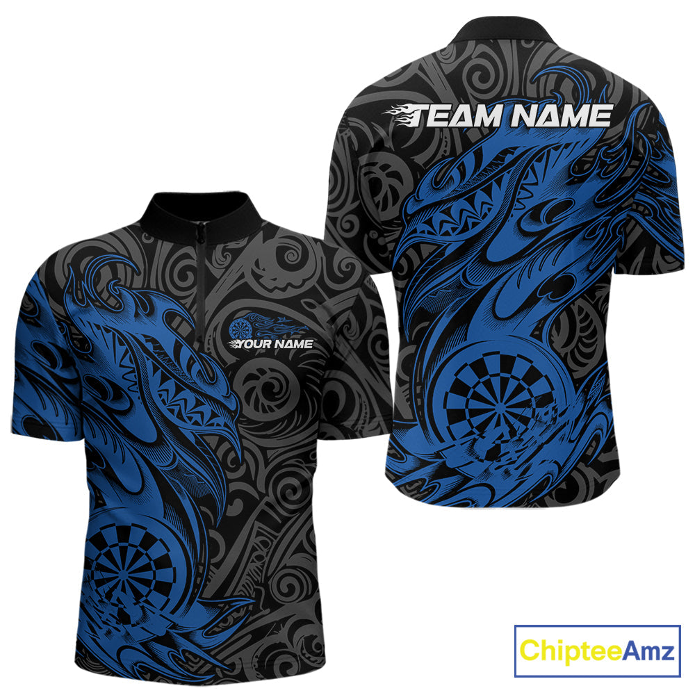 Custom Black And Blue Tribal Polynesian Dart Team Men Shirts, Niho Mano Dart Shirt IPHW10762