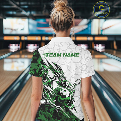 Back view of a female model in a white bowling quarter-zip shirt displaying green camo streak accents and bowling motifs.