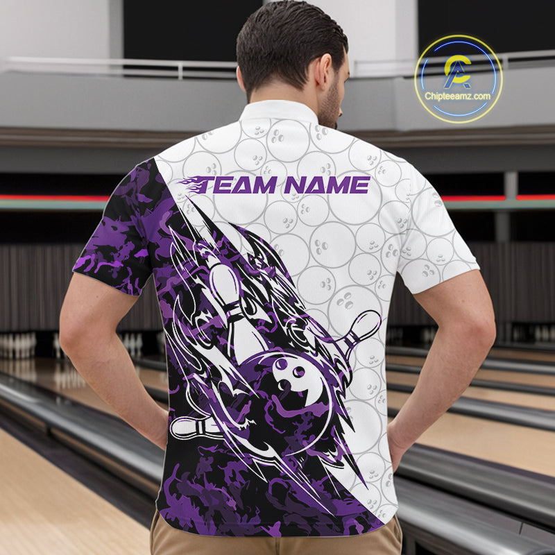 Front view of a male model in a white bowling quarter-zip shirt featuring purple camo bowling artwork and a subtle bowling ball pattern.