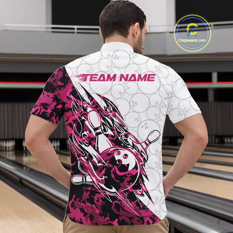 Front view of a male model in a white bowling quarter-zip shirt displaying pink camo streak accents and bowling motifs.