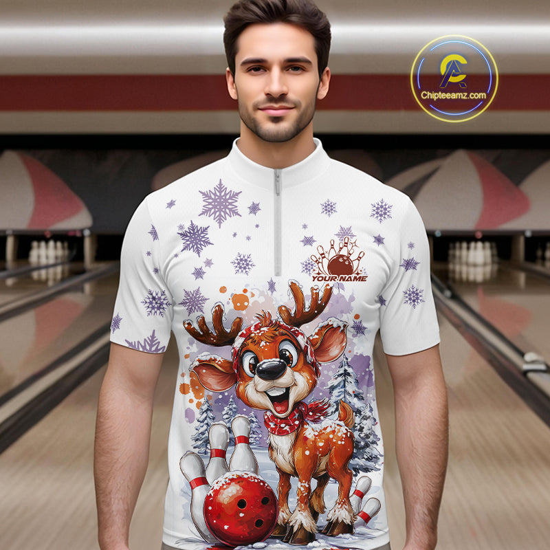 Custom Cute Funny Reindeer Christmas Bowling Men Quarter-Zip Shirts, Xmas Team Bowling Shirt IPHW10112