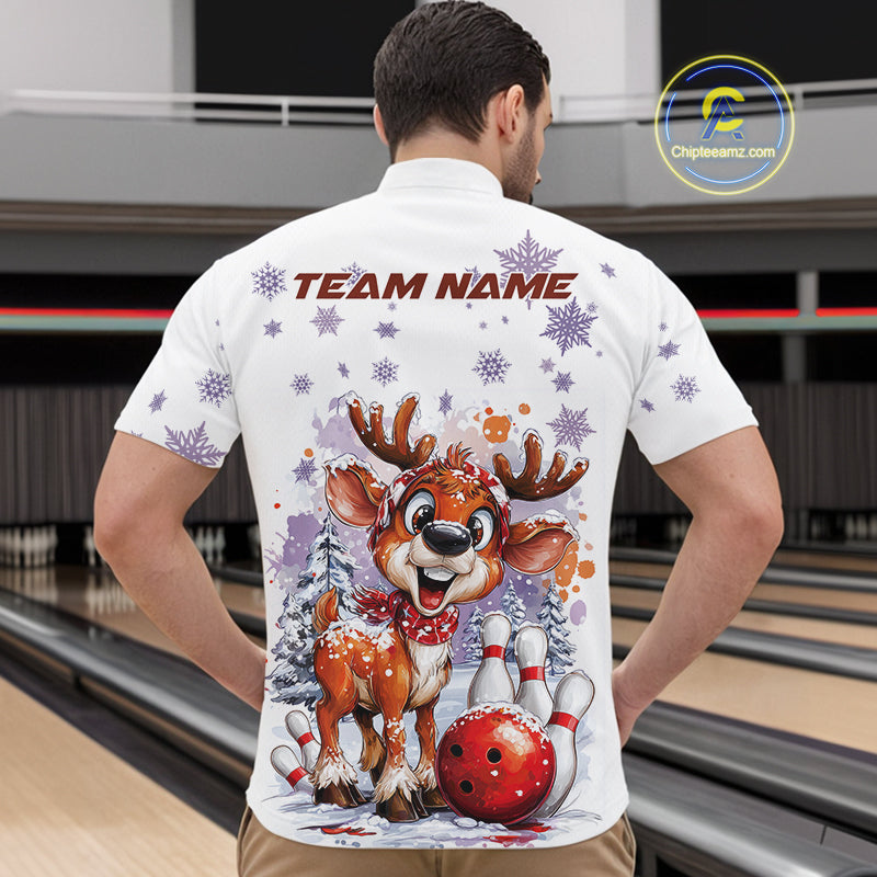 Custom Cute Funny Reindeer Christmas Bowling Men Quarter-Zip Shirts, Xmas Team Bowling Shirt IPHW10112
