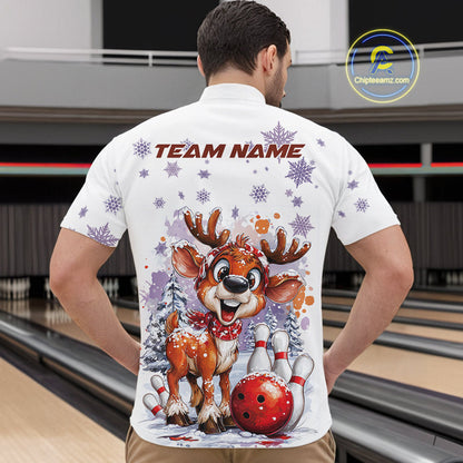 Custom Cute Funny Reindeer Christmas Bowling Men Quarter-Zip Shirts, Xmas Team Bowling Shirt IPHW10112