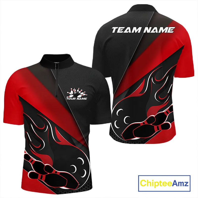 Custom Black And Red Flame Bowling Men Quarter-Zip Shirt, Team Bowling League Shirt IPHW10254