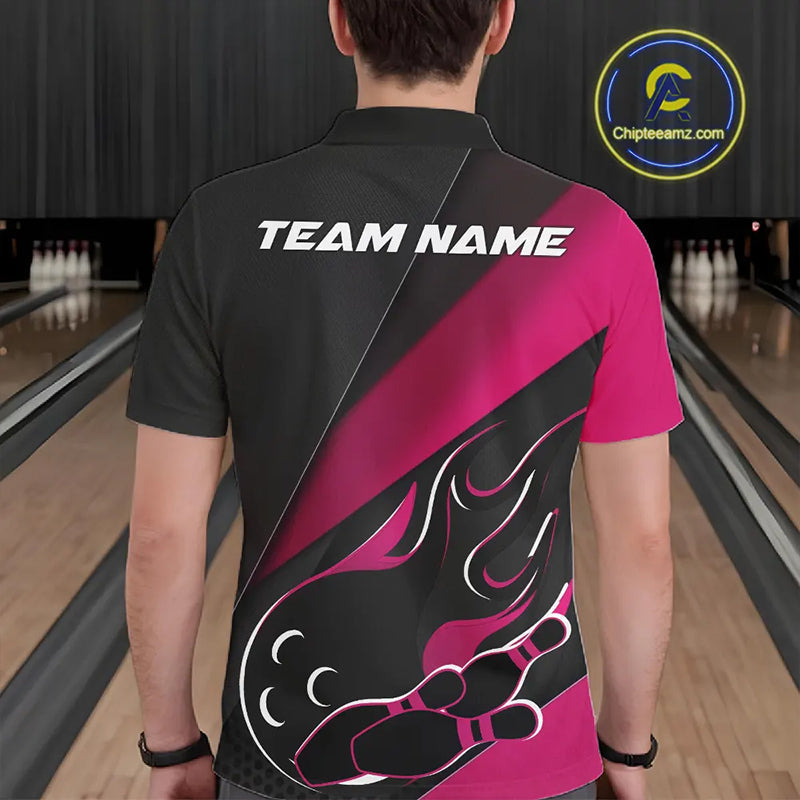 Custom Black And Pink Flame Bowling Men Polo Shirt, Team Bowling League Shirt IPHW10256