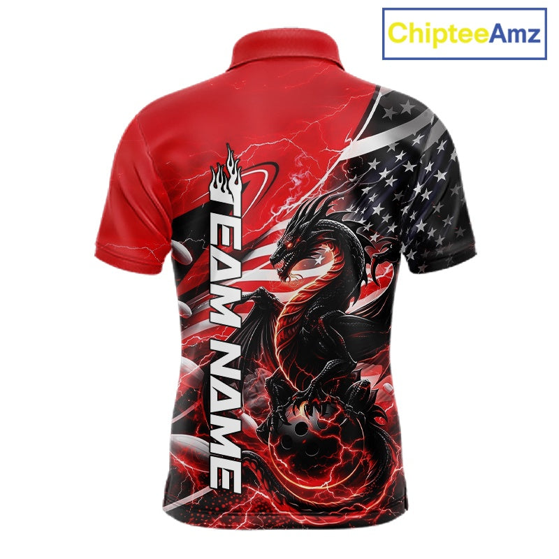Custom Red Thunder Lightning Patriotic Dragon Bowling Shirts, Freedom US Flag Bowling Jerseys Bowlers Outfit IPHW10480
