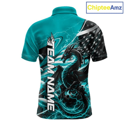 Custom Turquoise Blue Thunder Lightning Patriotic Dragon Bowling Shirts, Freedom US Flag Bowling Jerseys IPHW10482