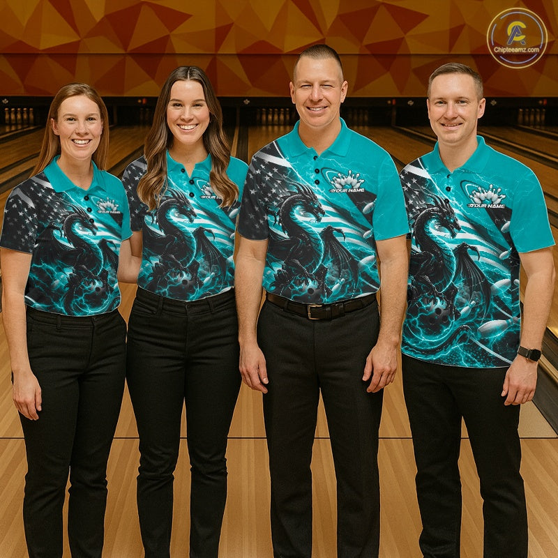 Custom Turquoise Blue Thunder Lightning Patriotic Dragon Bowling Shirts, Freedom US Flag Bowling Jerseys IPHW10482
