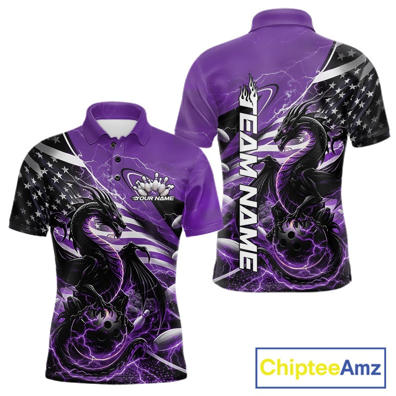 Custom Purple Thunder Lightning Patriotic Dragon Bowling Shirts, Freedom US Flag Bowling Jerseys Bowlers Outfit IPHW10485