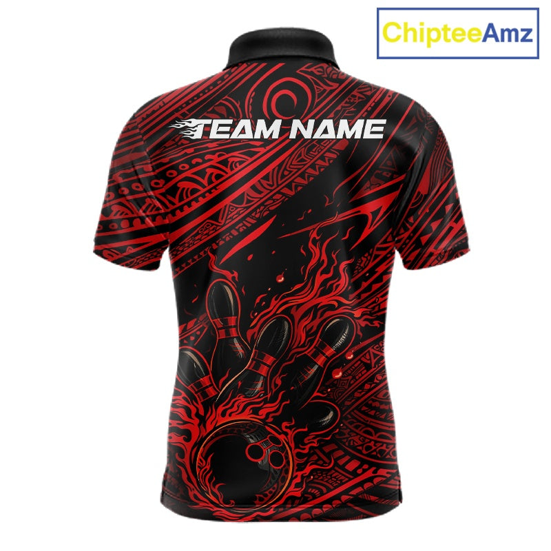 Custom Black And Red Tribal Flame Bowling Ball Bowling Team Shirts, Polynesian Bowling Tournament Shirt IPHW10486