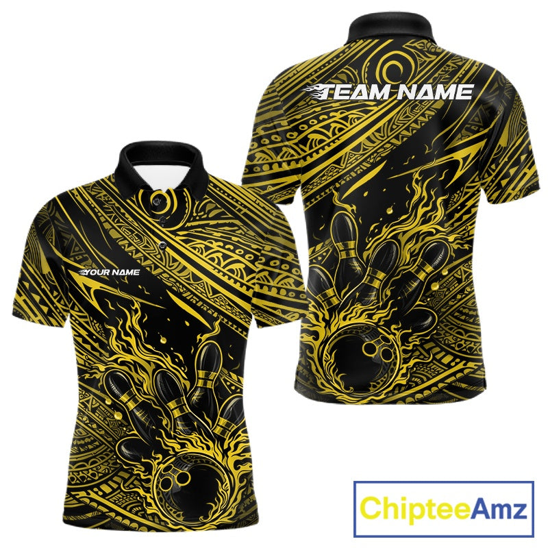 Custom Black And Yellow Tribal Flame Bowling Ball Bowling Team Shirts, Polynesian Bowling Tournament Shirt IPHW10489