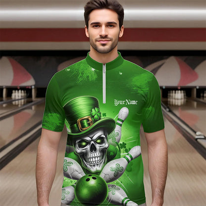 Custom Green Leprechaun Skull St Patricks Day Bowling Quarter-Zip Shirt For Men, Lucky Bowling Shirt IPHW8595