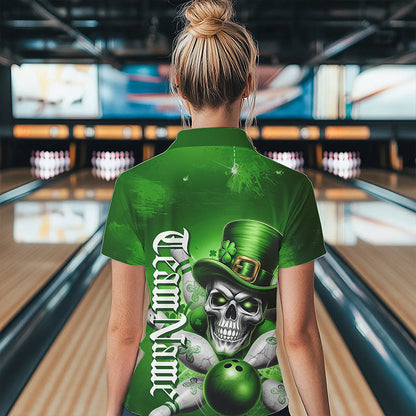 Custom Green Leprechaun Skull St Patricks Bowling Womens Quarter-Zip Shirt, Lucky Shirt IPHW8595