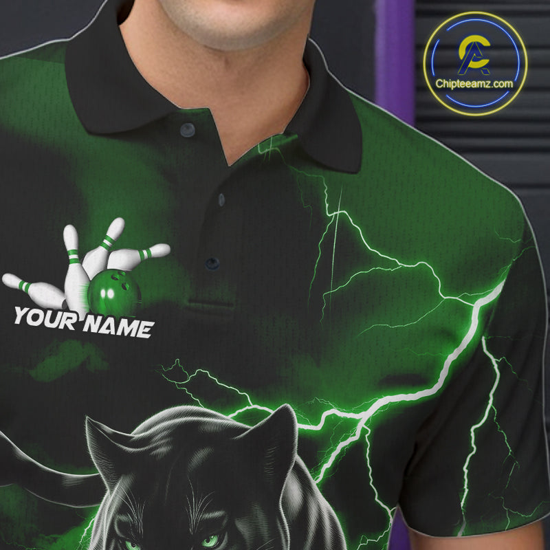 Green Thunder Lightning Custom Panther Men Bowling Polo Shirts, Panther Bowling Jerseys IPHW10793