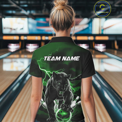 Green Thunder Lightning Custom Panther Women Bowling Polo Shirts, Panther Bowling Jerseys IPHW10793