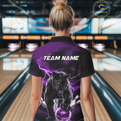 Purple Thunder Lightning Custom Panther Women Bowling Polo Shirts, Panther Bowling Jerseys IPHW10795