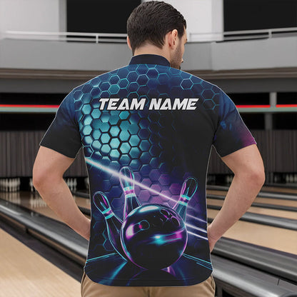 Custom Hexagon Holographic Bowling Team Men Quarter-Zip Shirts, Galaxy Bowling League Shirt IPHW8903