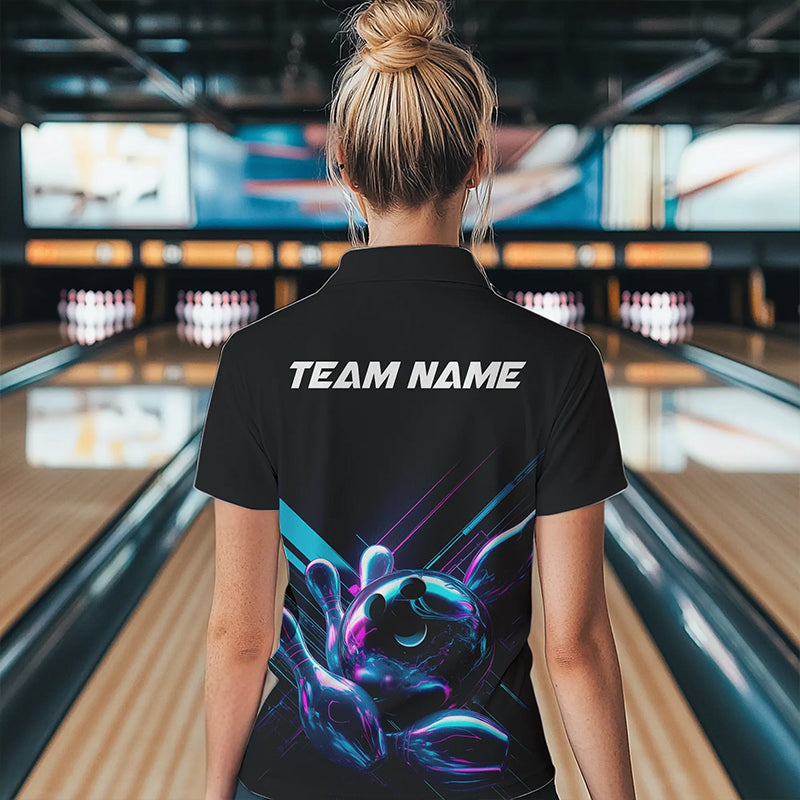 Custom Black, Blue And Purple Holographic Bowling Quarter-Zip Shirts For Women Team Uniform IPHW8905