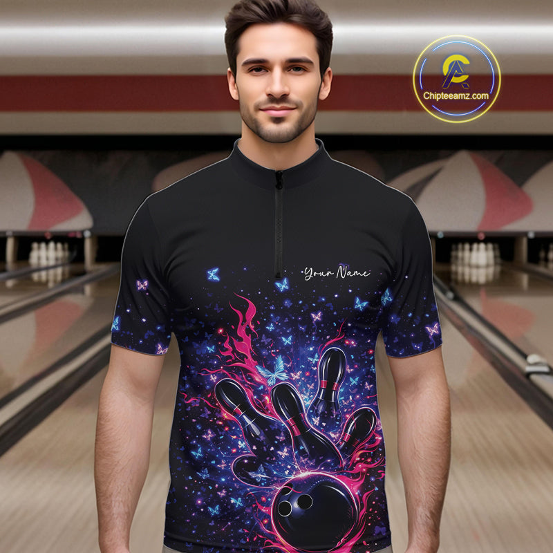 Male model wearing a colorful bowling quarter-zip shirt at the bowling lane with flaming bowling strike artwork.