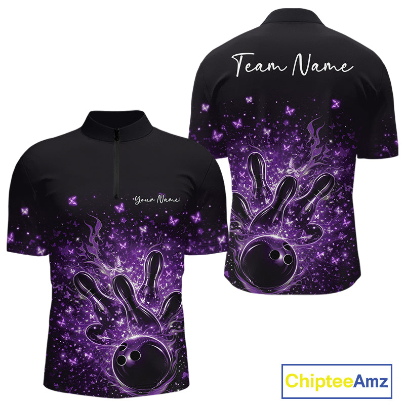 Front and back views of a black and purple mens bowling quarter-zip shirt featuring flaming strike artwork and sparkling butterflies.