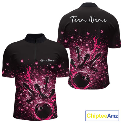 Front and back views of a black and pink mens bowling quarter-zip shirt with flames, striking pins, and sparkling butterflies.