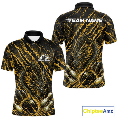 Custom yellow dragon bowling shirt with vibrant lightning accents a fierce dragon and pins