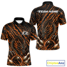 Load image into Gallery viewer, Custom orange dragon bowling shirt with vibrant lightning accents a fierce dragon and pins