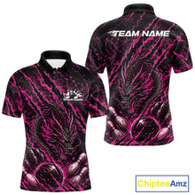 Load image into Gallery viewer, Custom pink dragon bowling shirt with vibrant lightning accents a fierce dragon and pins