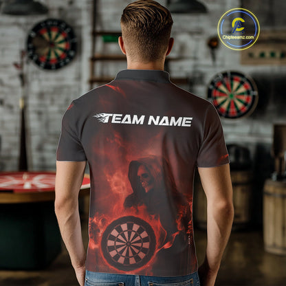 Custom Orange Flame Grim Reaper Skull Dart Men Polo Shirts, Halloween Dart Team Outfits IPHW10024