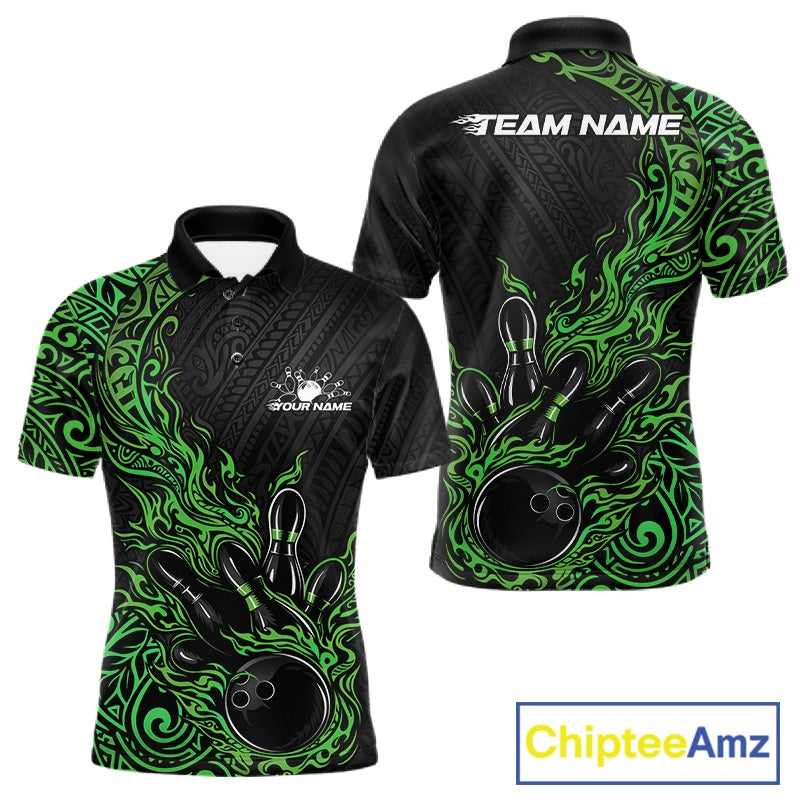Custom Black And Green Tribal Flame Bowling Ball Bowling Team Shirts, Polynesian Bowling Tournament Shirt IPHW10504