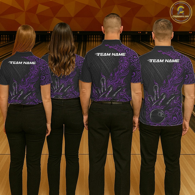 Custom Black And Purple Tribal Flame Bowling Ball Bowling Team Shirts, Polynesian Bowling Tournament Shirt IPHW10505