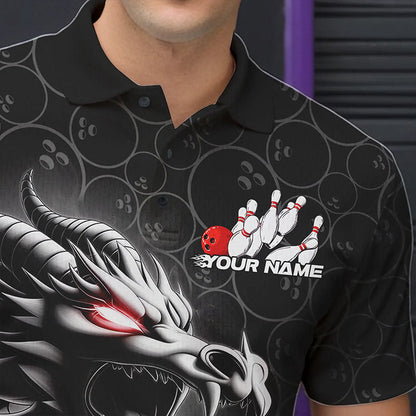 Custom Black And Red Dragon Bowling Men Polo Shirts, Bowling Pattern Dragon Bowler Outfit IPHW8916