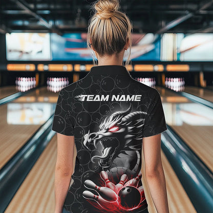 Custom Black And Red Dragon Bowling Women Quarter-Zip Shirts, Dragon Bowler Outfit IPHW8916