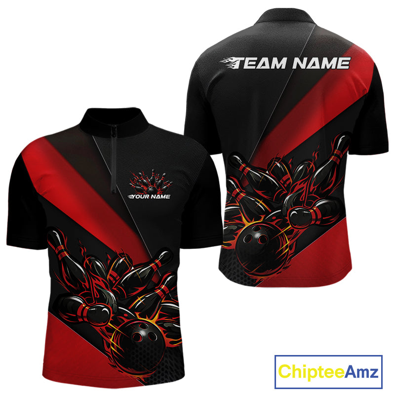 Front and back view mockup of a black and red men’s quarter zip shirt featuring a flame bowling ball hitting pins in a high-energy bowling strike illustration.