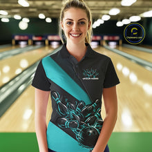 Load image into Gallery viewer, Custom Turquoise Blue Flame Women Bowling Team Shirts, Bowling League Shirt Bowler Jerseys IPHW11293