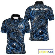 Load image into Gallery viewer, Custom sublimated bowling polo shirt with an mid blue oriental dragon design wrapping around a bowling ball