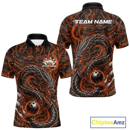 Custom sublimated bowling polo shirt with an orange oriental dragon design wrapping around a bowling ball