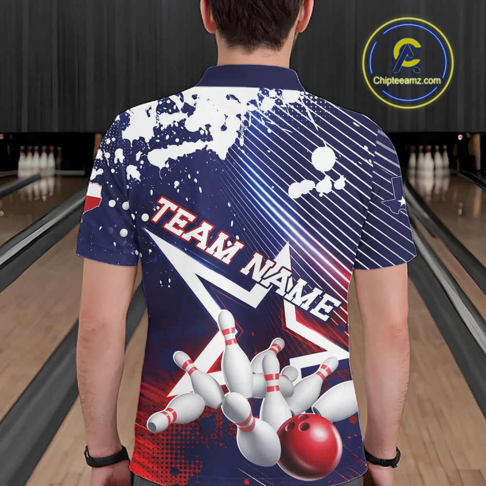 A man viewed from behind wearing a custom bowling-themed short-sleeve polo shirt. The shirt features a dark blue background with white paint splatters, diagonal white stripes, a large white star, bowling pins, and a red bowling ball, with the text 'TEAM NAME' printed across the back.